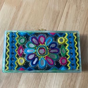 Edie Parker jean panel embroidered clutch